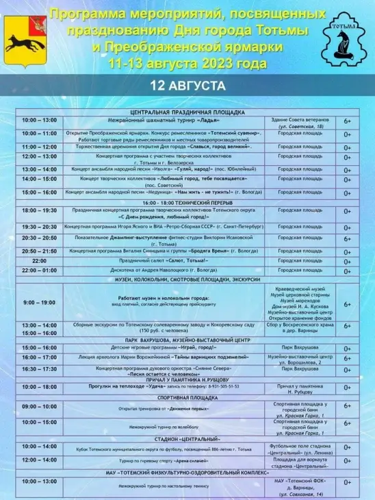 Программа празднования Дня города Тотьма в 2023 году